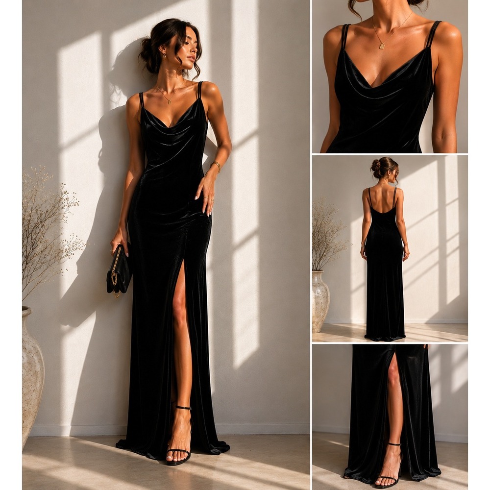 90s Y2K Jump Apparel Witchygoth Black Velvet Cowl Neck Maxi Dress Slit Petite M